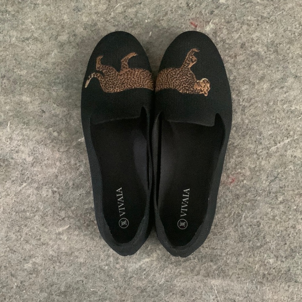 Vivaia Round-Toe Embroidered Loafers (Audrey), Size 6. Black- Cheetah